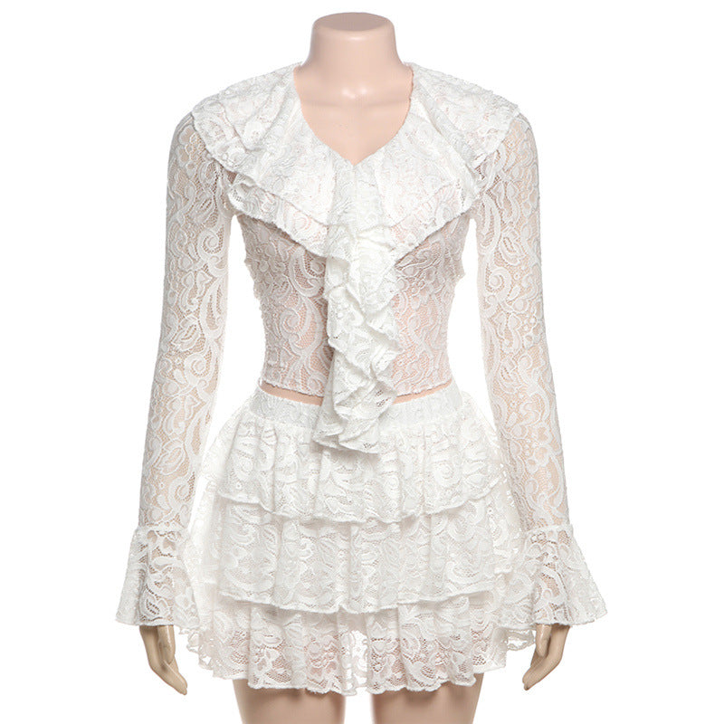 Women Clothing Autumn Slim Fit Sexy Flare Sleeve Ruffled Long Sleeve Lace Hollow Out Cutout out Skirt Two Piece Sets