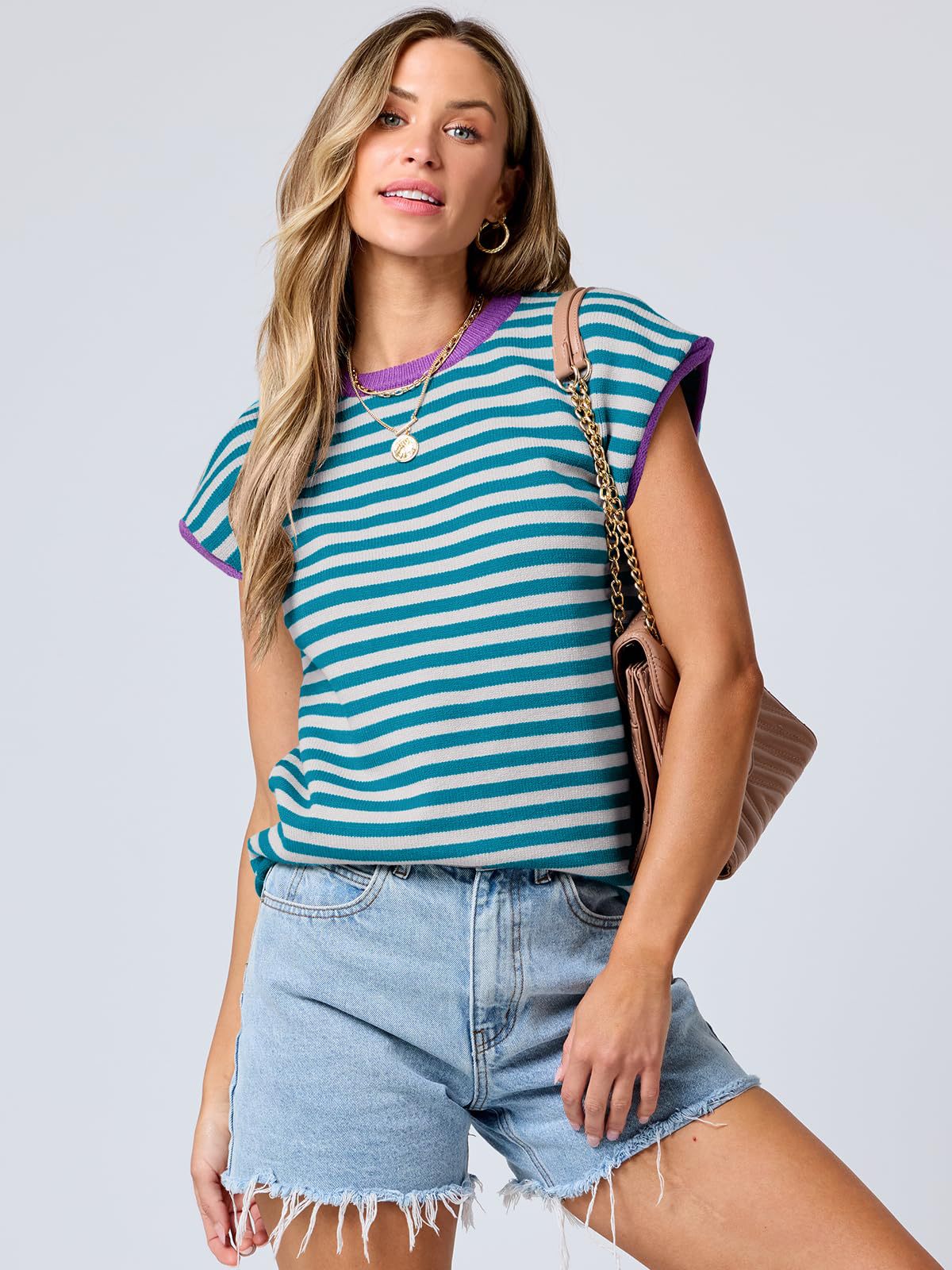 Women Clothing Summer round Neck Knitted Top Casual Striped Contrast Color Sweater