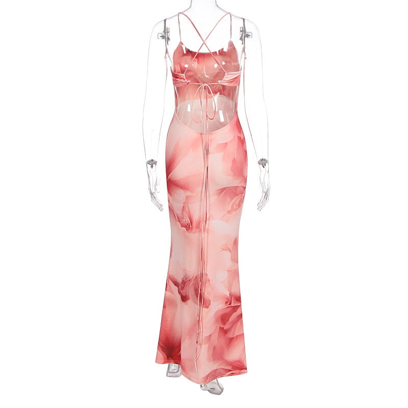 Summer Women Elegant Sexy Print Backless Slim Fit Waist Sheath Dress