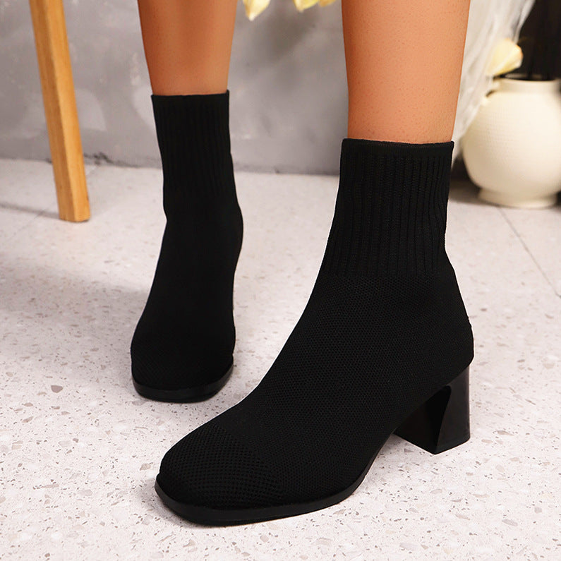 Arrival Flyknit Short Socks Boots Women Fall round Head Chunky Heel Sleeve Boots