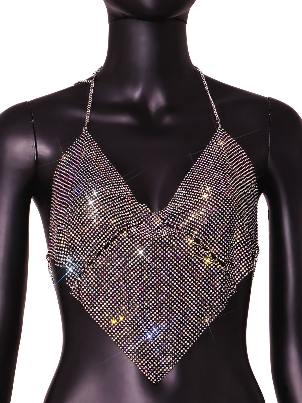 Women Clothing Nightclub Sexy Low Cut Backless Halter Rhinestone Stitching Triangle Vest Women