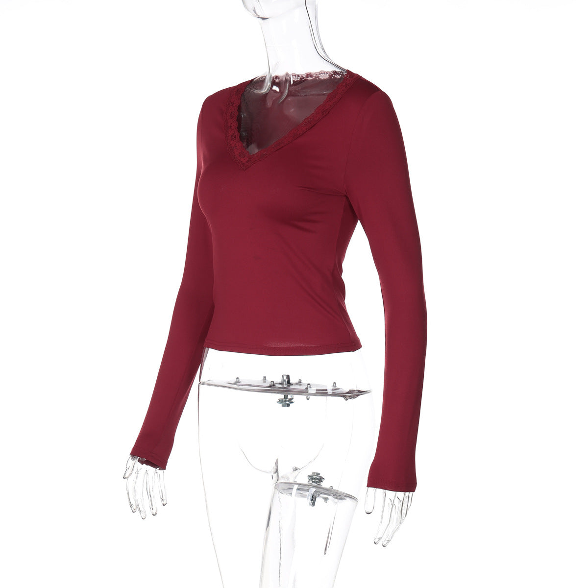 Women Clothing Winter Lace V neck Long Sleeve Top Casual Solid Color Slim Fit T shirt