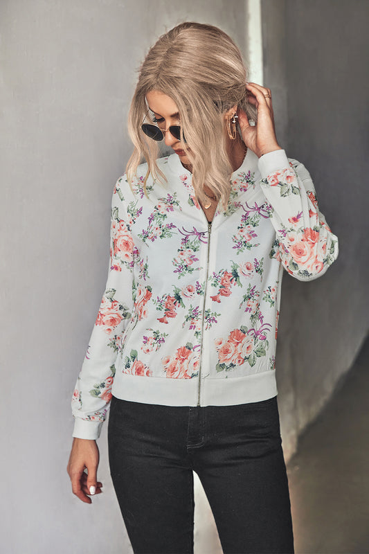 Autumn Winter Women Clothing Printing Thread Collar Zip Long Sleeve Coat