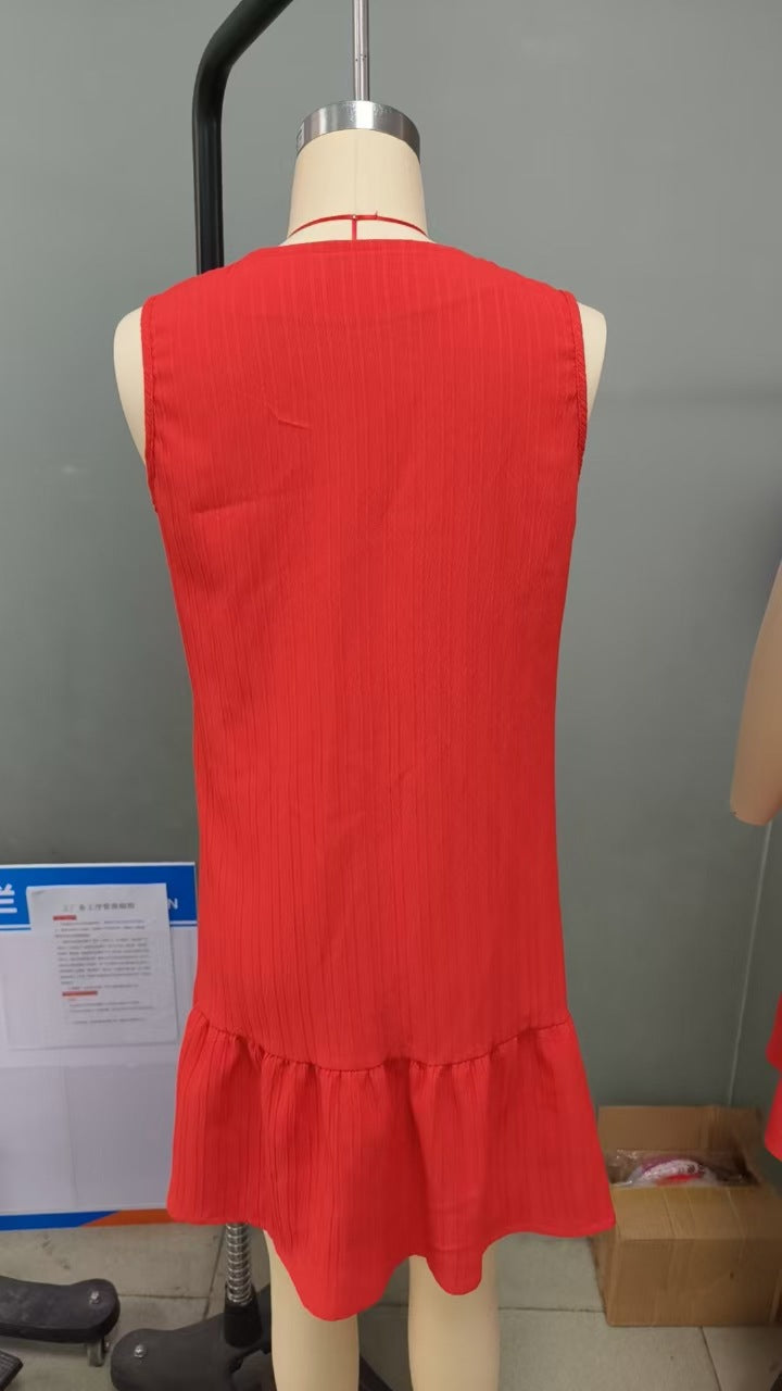 Summer V neck Solid Color Loose Slimming Dress Sleeveless Women