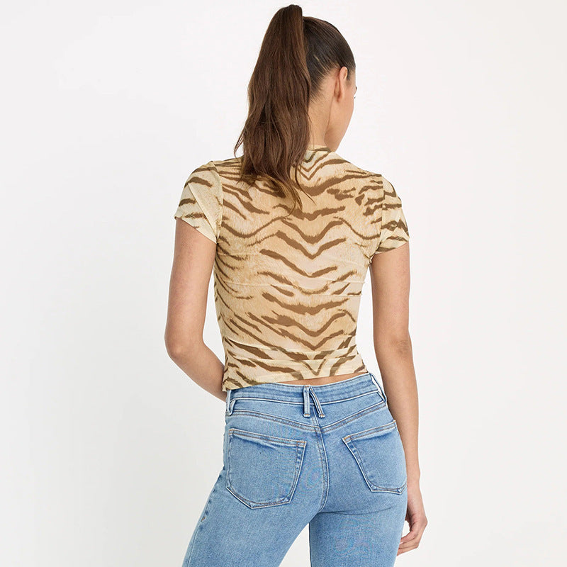 Women Clothing Summer Mesh Printed round Neck Short Sleeve Slim Top T shirt