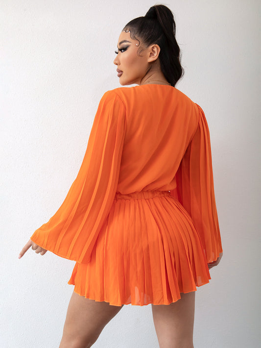 Women Clothing V neck Pleated Romper