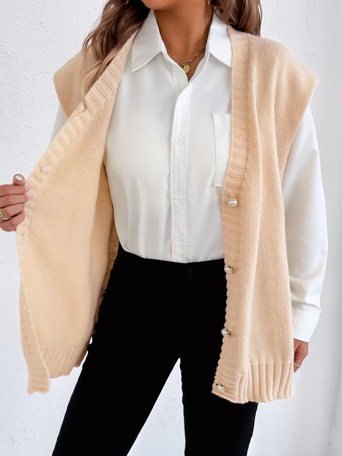 Women Top Autumn Winter Vest Women Clothing Pearl Buckle Loose Casual Cardigan Sweater Vest