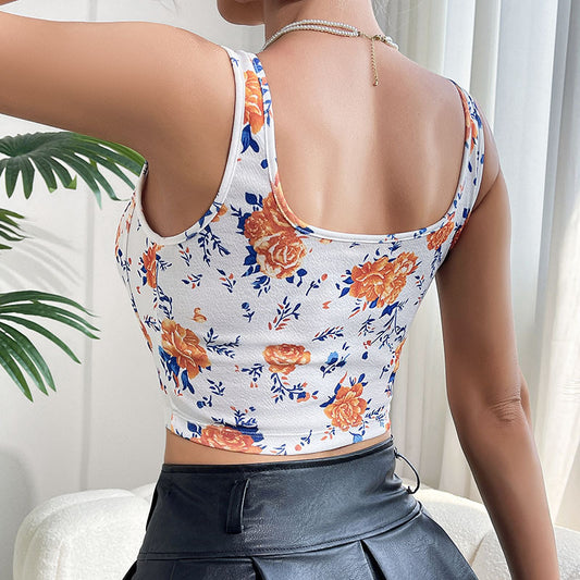 Women Wide Shoulder Vest Printed Sexy Tight Boning Corset Camisole