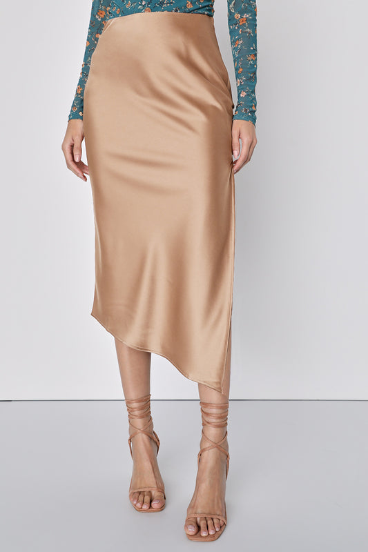 Women Clothing Satin Skirt Asymmetric High Waist Elastic Long Skirt Elegant Slit Skirt