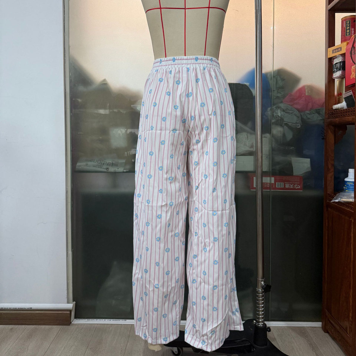 Thin Striped Printed Women Casual Pants Summer Drawstring Straight Loose Wide Leg Mop Pants