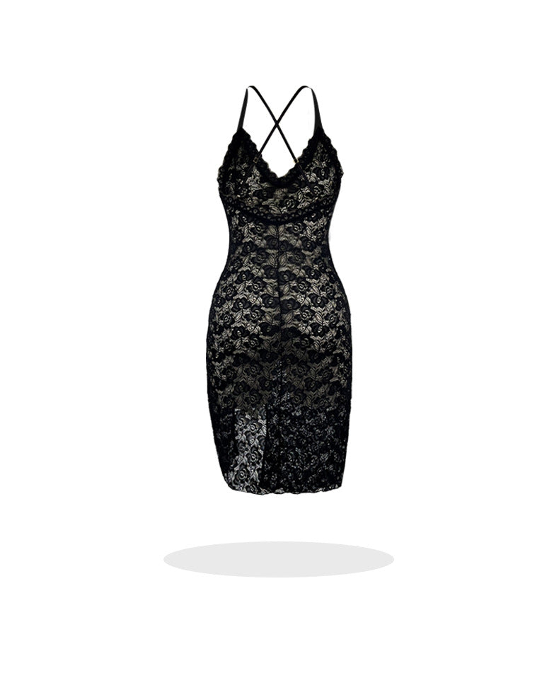Sexy Lace Cross Backless Suspender Dress Deep V Plunge Split Pearl Decoration Slim Home Pajamas