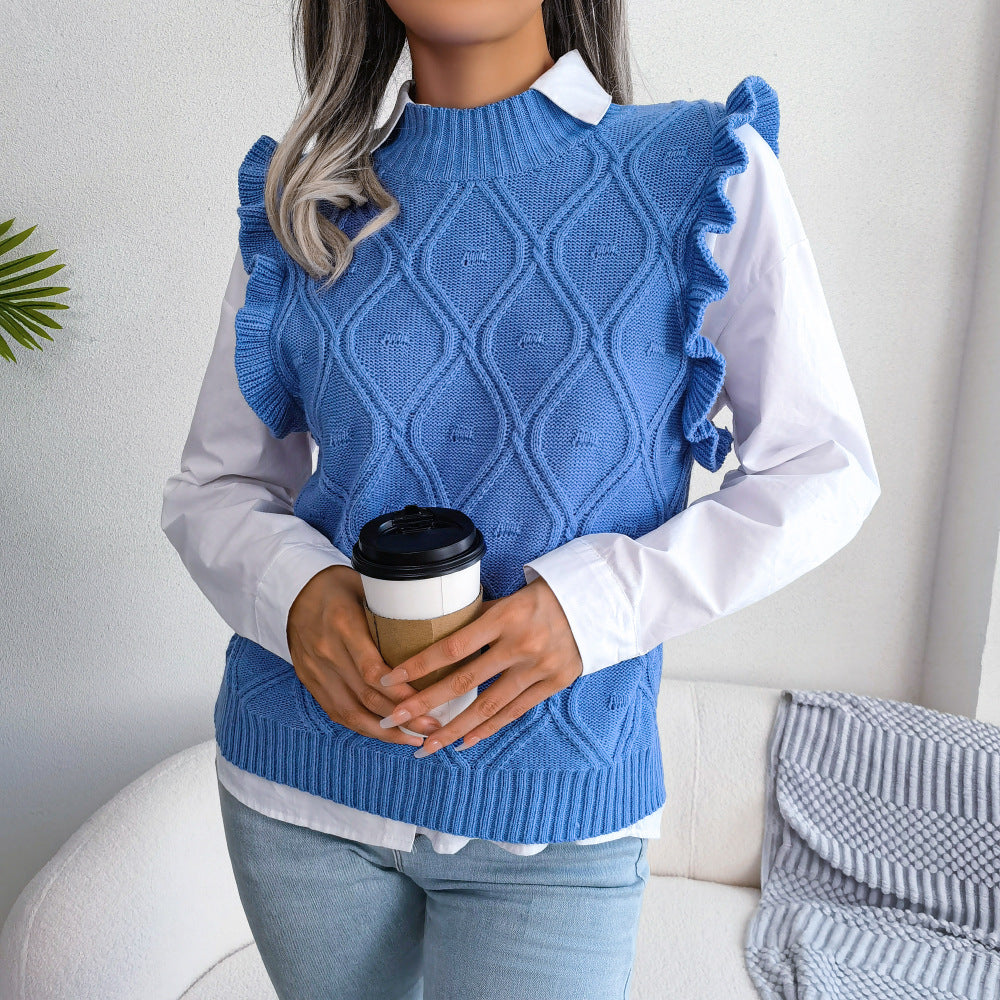 Autumn Winter Wooden Ear Diamond Knitted Vest Sweater Women Clothing