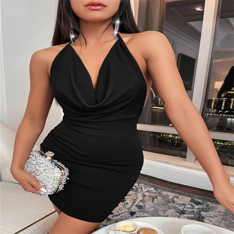 Women Clothing Spring Summer Fashionable With Side Slit Bow Backless Halter Short Dress Women