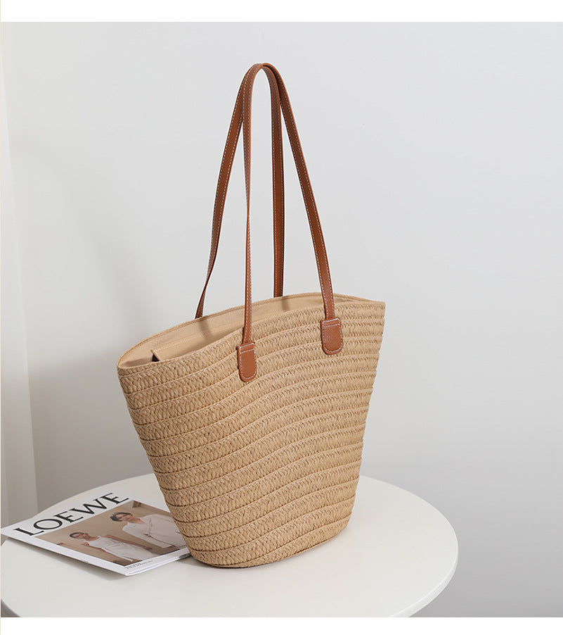 Simple Shoulder Straw Bag Large Capacity Straw Bag Woven Bag Tote Bag Women Seaside Vacation Beach Bag