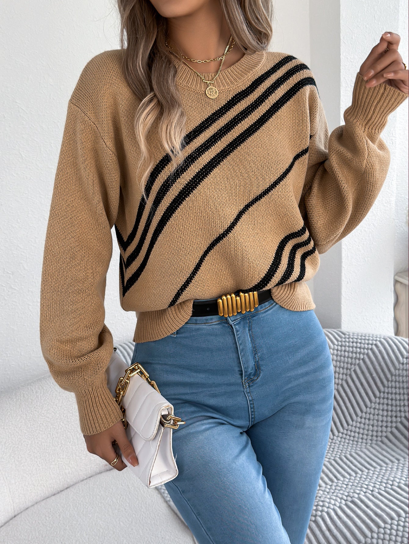 Women Clothing Autumn Winter Casual Striped round Neck Lantern Long Sleeve Pullover