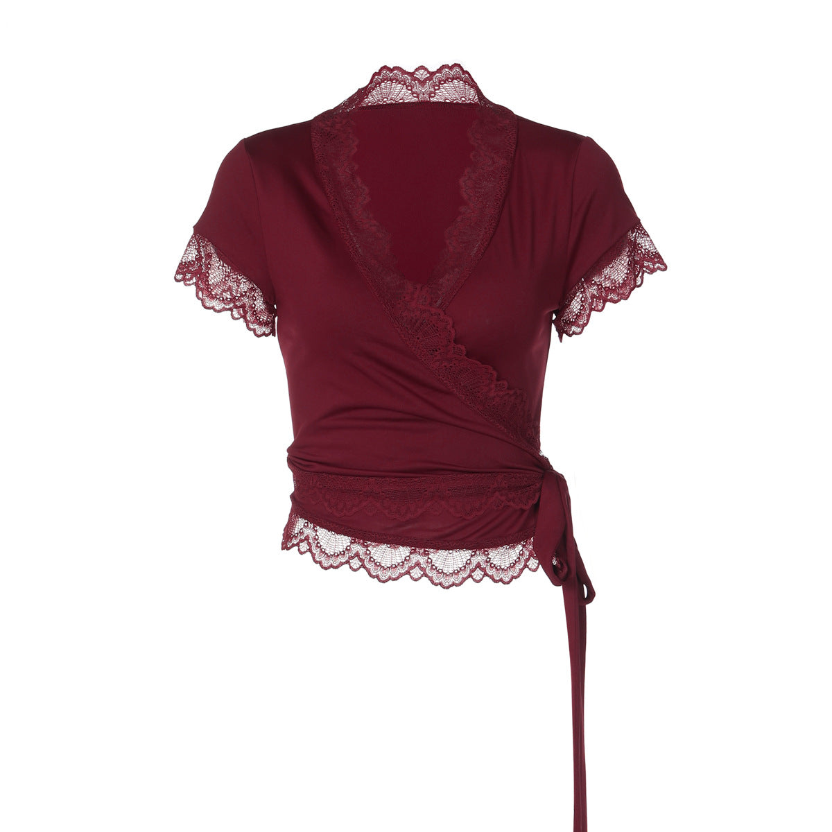 Women Clothing Lace V neck Slim Fit Short Sleeved Ribbon Casual T shirt Top