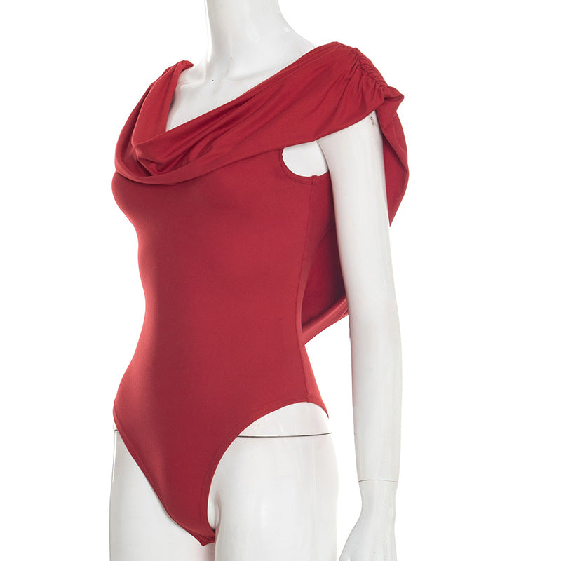 Women Clothing Spring Solid Color Sexy Pleated Sleeveless Slim Swing Collar Romper