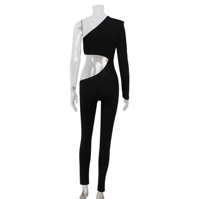 Sexy Women Clothing Diagonal Collar Hollow Out Cutout out Slim Fit Skinny Jumpsuit Trousers