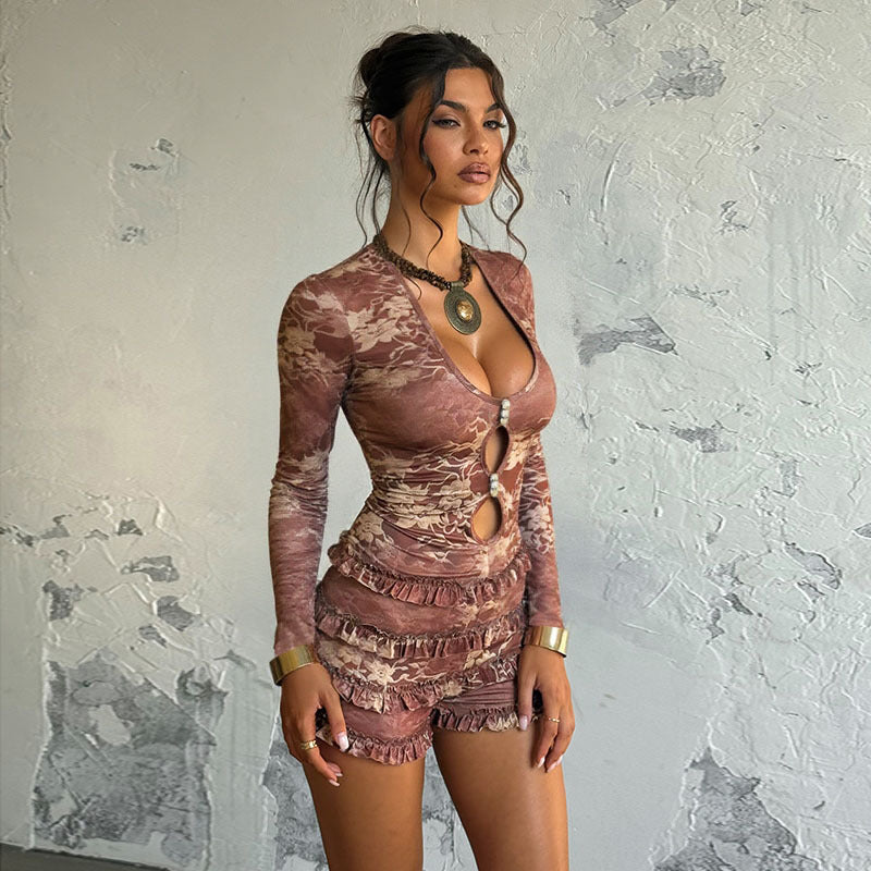 Autumn Winter Sexy Tight Deep V Plunge Long Sleeve Printing Romper