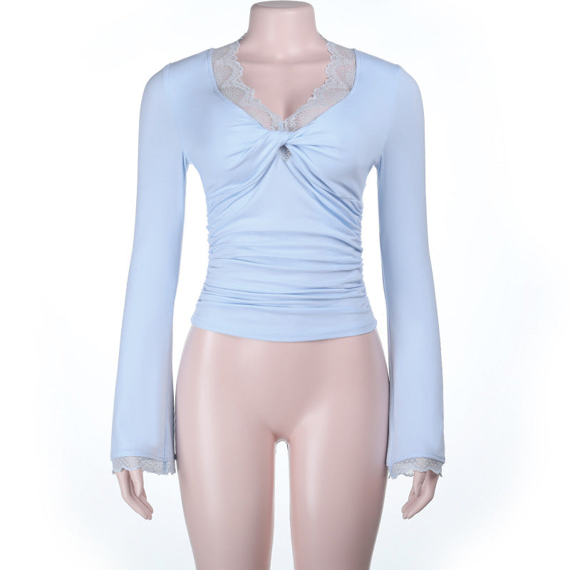 Autumn Winter Sexy Lace Current Chest Slim Fit Twisted T shirt Top