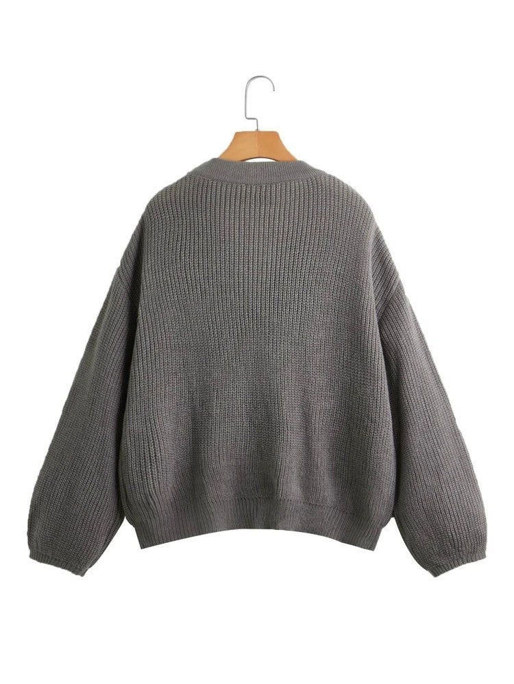 Lantern Sleeve Autumn Winter V neck Cardigan Women Solid Color Coat Simple Outer Knitted Sweater Button