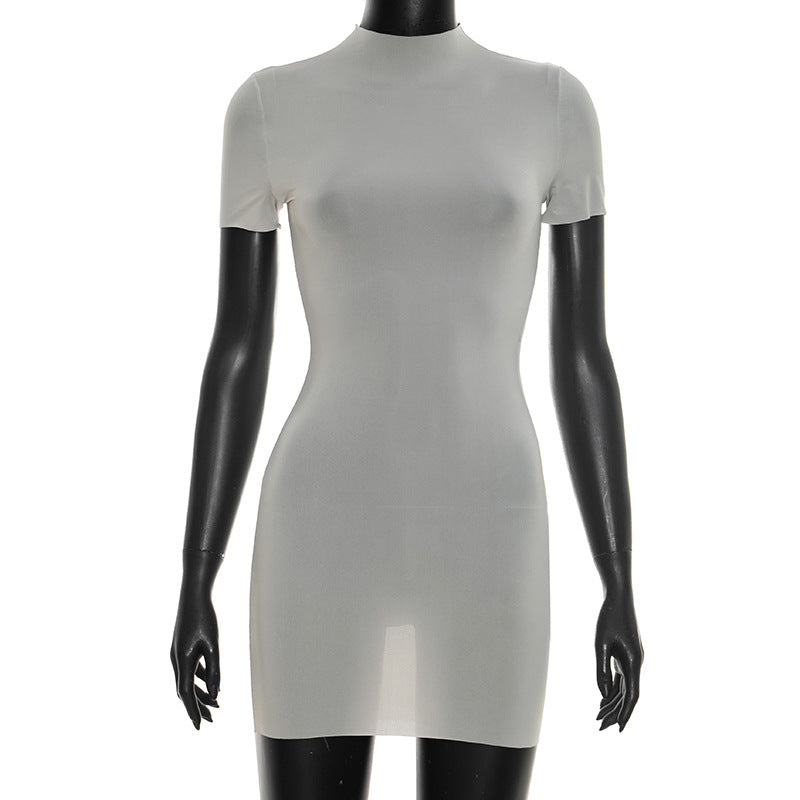Women Clothing Summer Solid Color Sexy See through round Neck Short Sleeve Slim Fitting Basic Dress