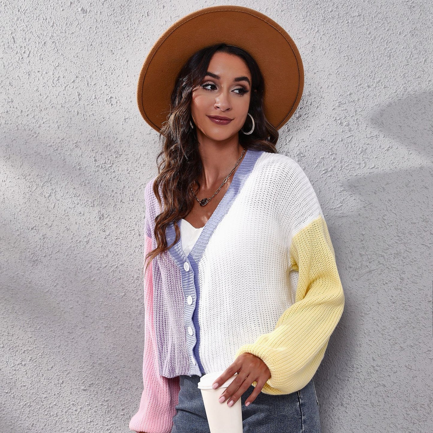 Popular Contrast Color Knitted Cardigan Color Matching Lantern Sleeve Short Sweater for Women Loose
