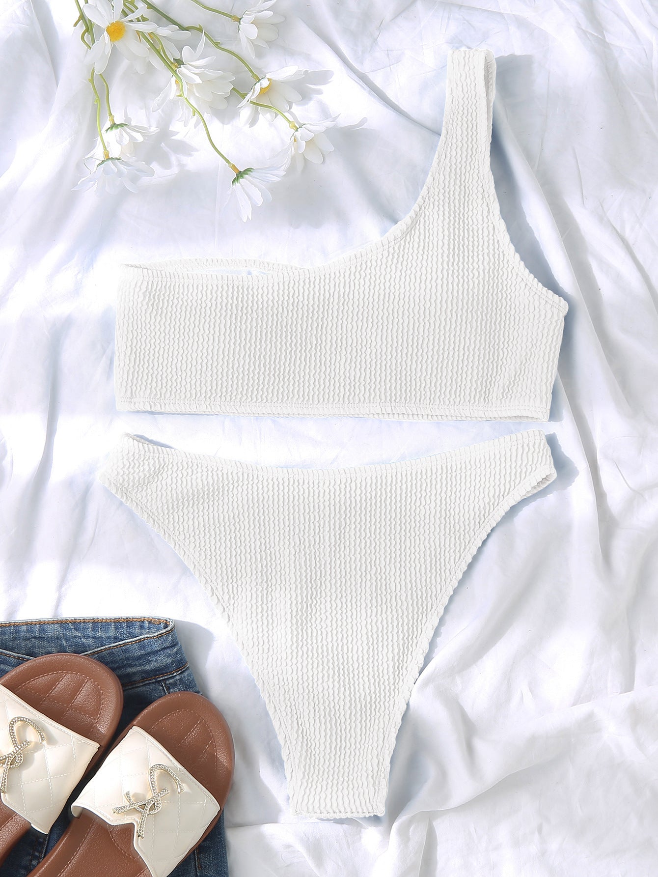 Solid Color Snake Cloth Shoulder High Waist Bikini Sexy Swimsuit Swimsuit for Women