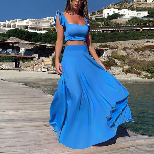 Women Sexy Elegant Elastic Lace Solid Color Two Piece Skirt Set
