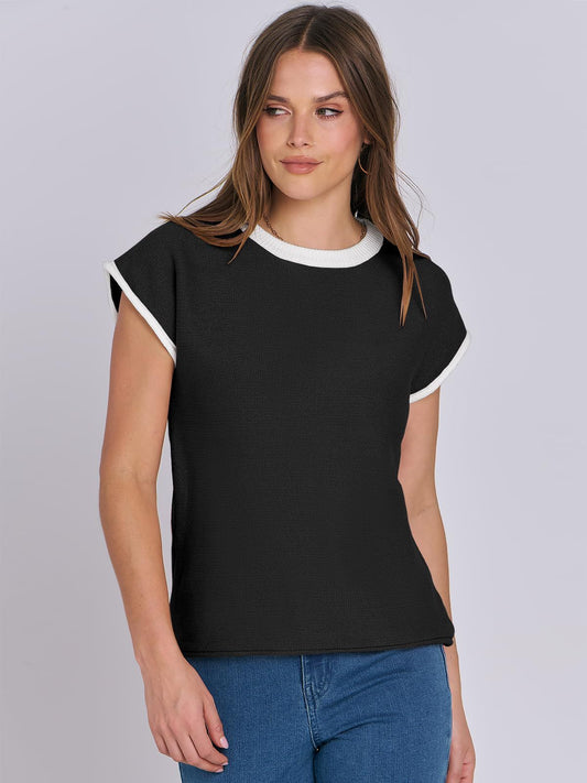 Women Clothing Summer round Neck Knitted Top Casual Striped Contrast Color Sweater
