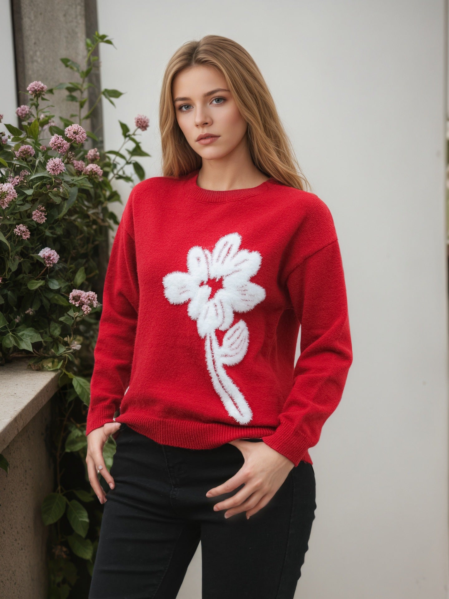 Floral Jacquard round Neck Long Sleeved Sweater Women Clothing Solid Color Casual Pullover Sweater Women