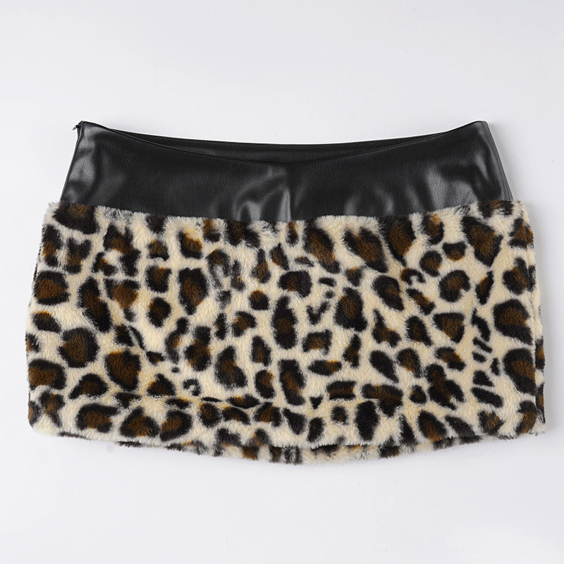 Women Clothing Two Piece Sets Leopard Fur Stitching Leather Tube Top Sexy Hip Skirt Two Piece Sets