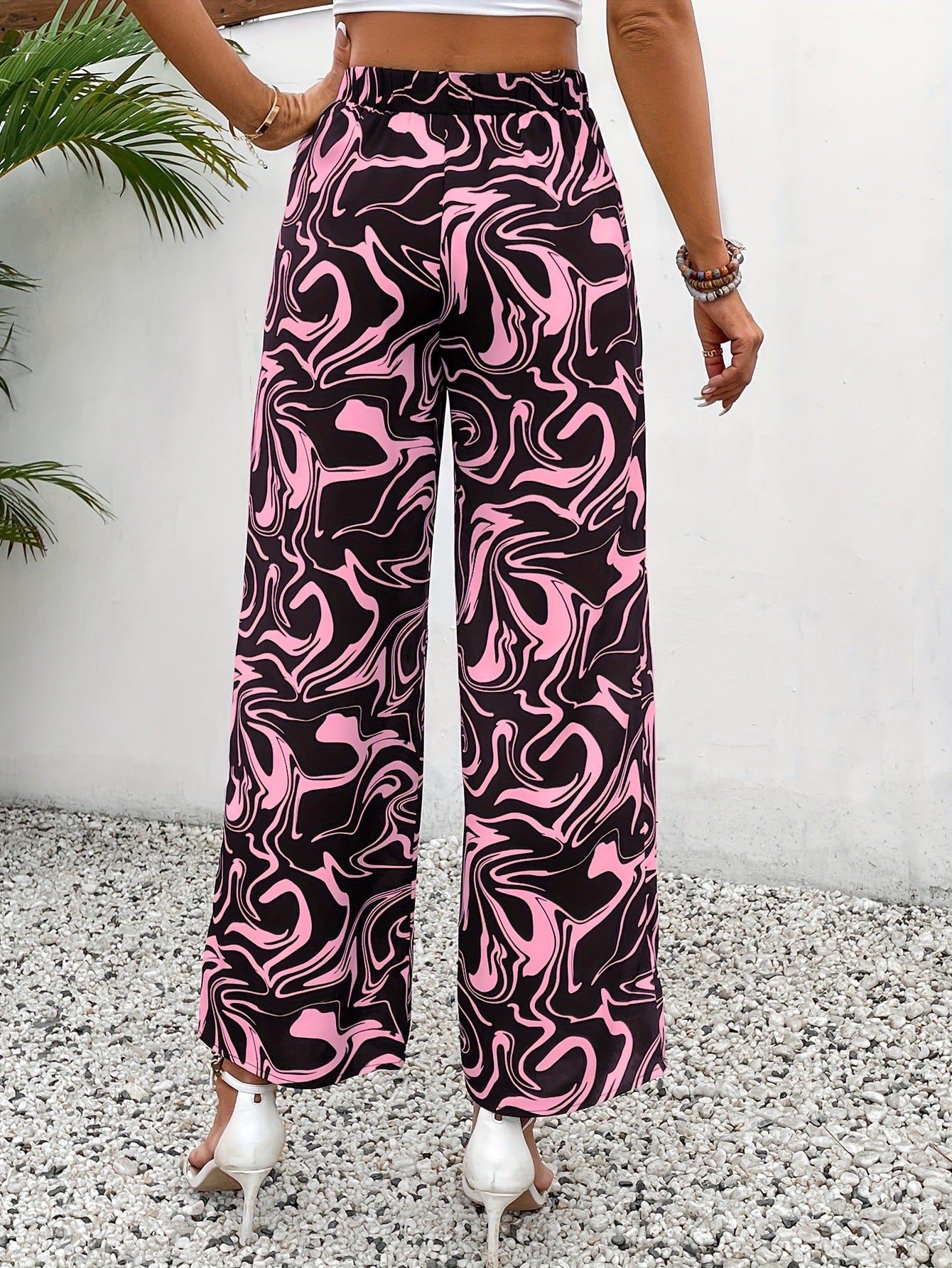 Spring Autumn Elastic High Waist Pants Draping Casual Marble Print Straight Leg Trousers Women