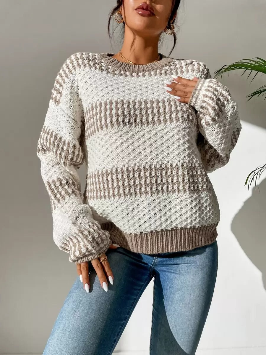 Women Clothing Autumn Winter Casual Loose Sweater Contrast Color Striped Stitching Sweater