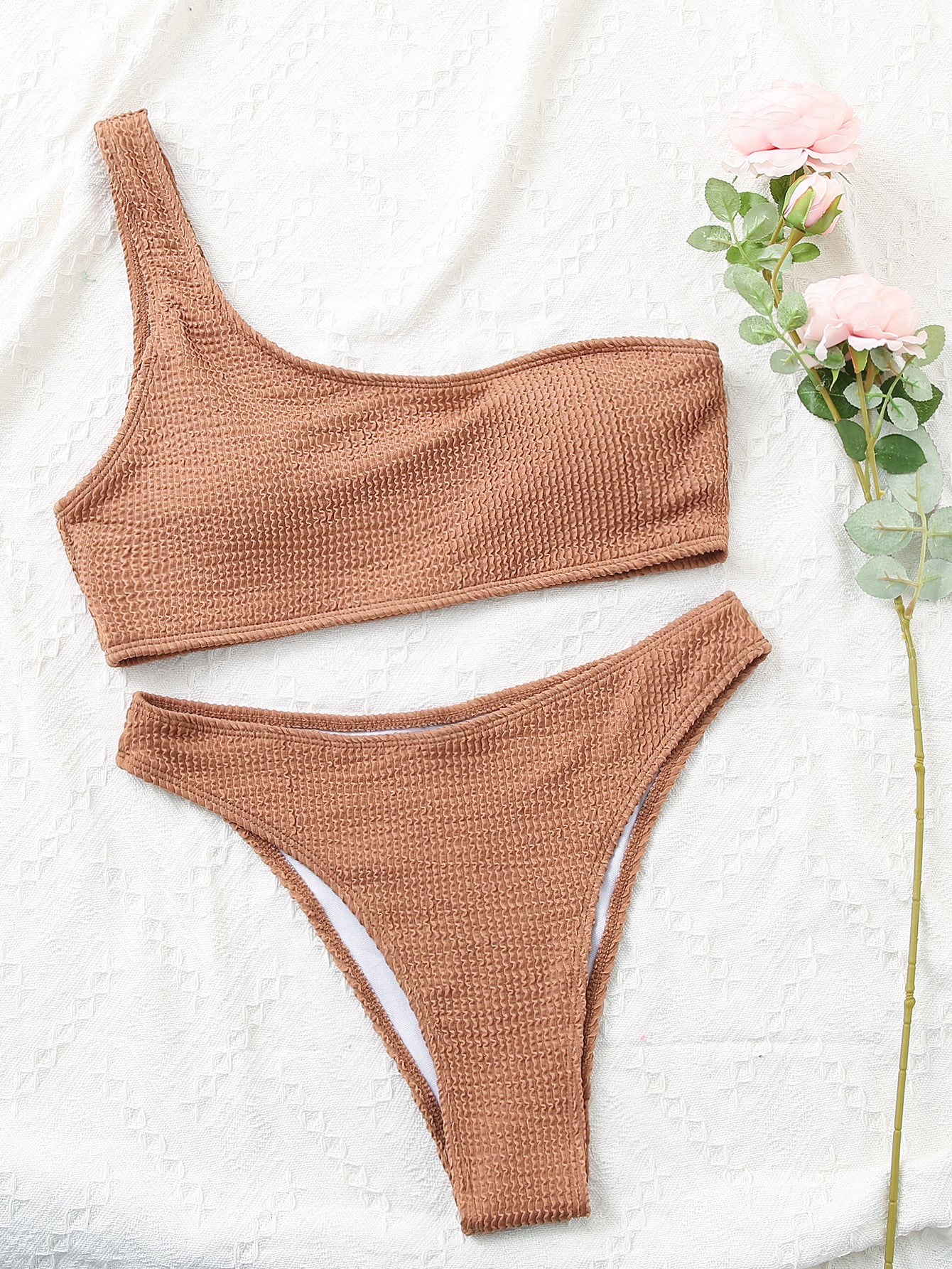Solid Color Snake Cloth Shoulder High Waist Bikini Sexy Swimsuit Swimsuit for Women