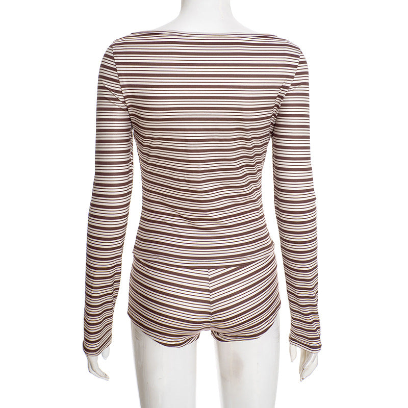 Women Clothing Autumn Winter Elegant Casual Striped Long Sleeved Top Short Shorts Set