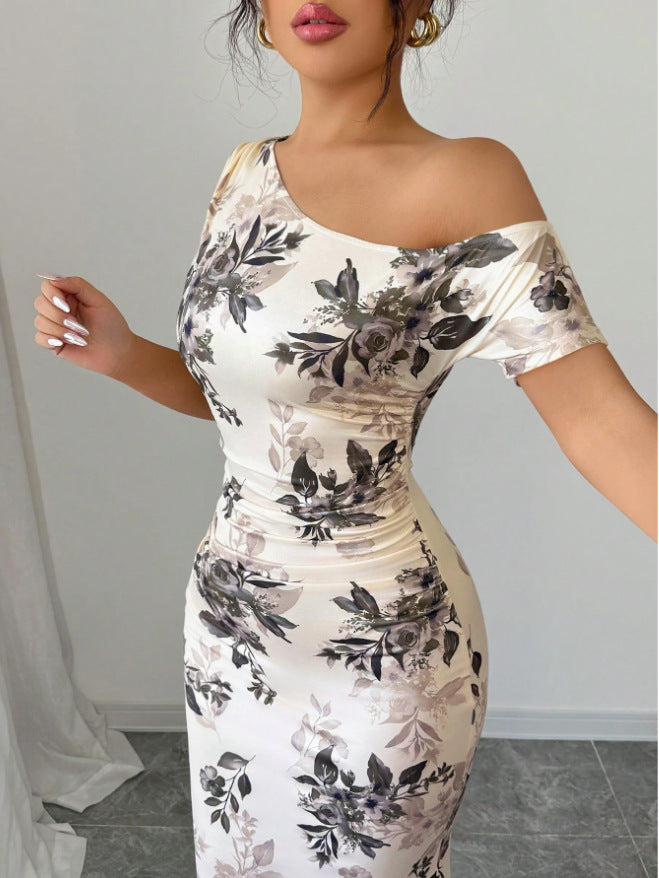 Printed Shoulder High Waist Sheath Dress Slimming Dress