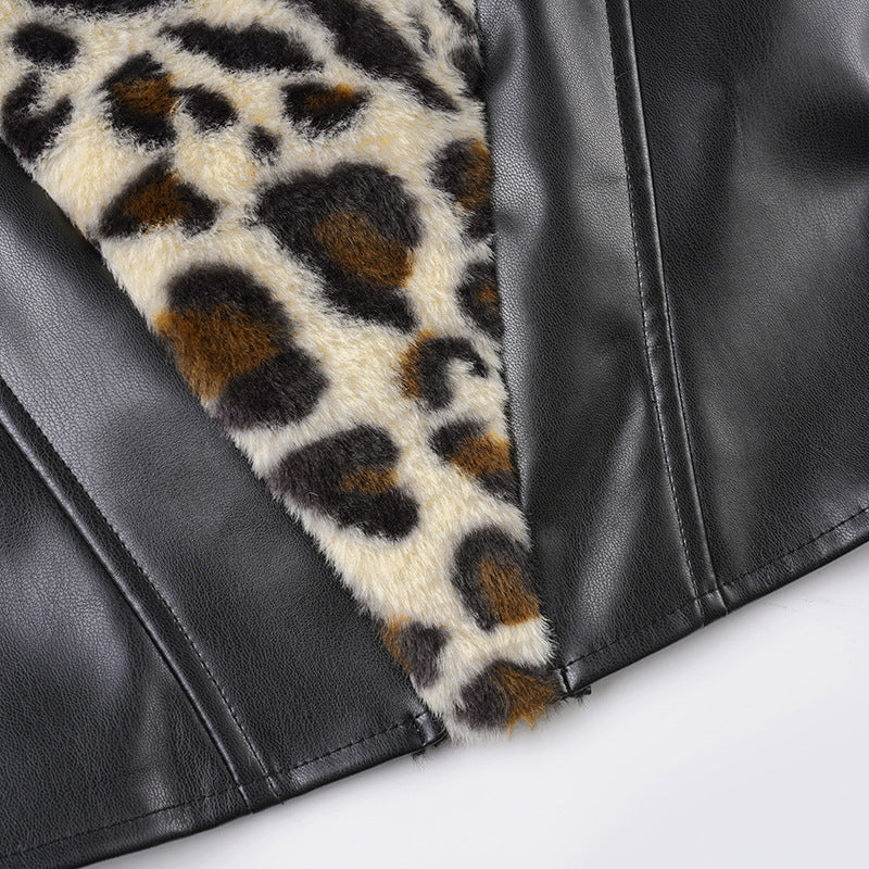 Women Clothing Two Piece Sets Leopard Fur Stitching Leather Tube Top Sexy Hip Skirt Two Piece Sets