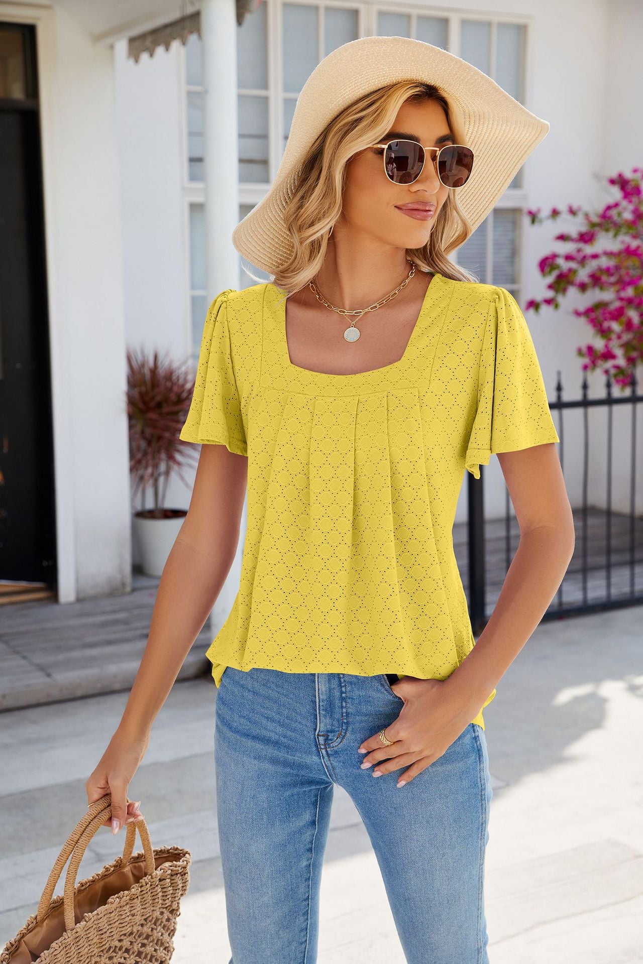 Spring Summer Solid Color Square Collar Pleated Short Sleeves Loose Fitting T shirt Top Women