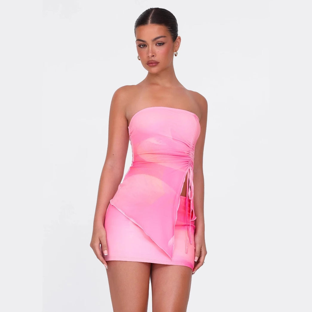 Summer Sexy Sexy Printing Pleating Tube Top Short Type Half Length Skirt Two Piece Sets Women