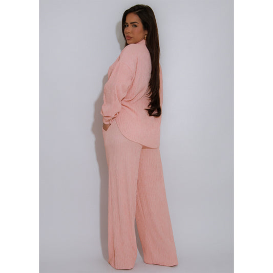 Women Elastic Crumpled Lace up Multi Pocket Swing Pants Wide Leg Pants Two Piece Sets