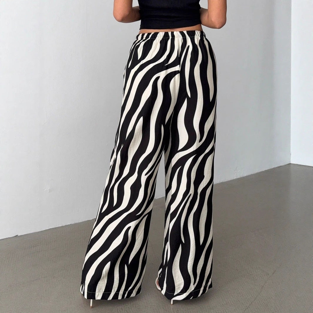 Straight Pants Sexy Zebra Print Bootcut Pants Low Waist Drawstring Casual Pants