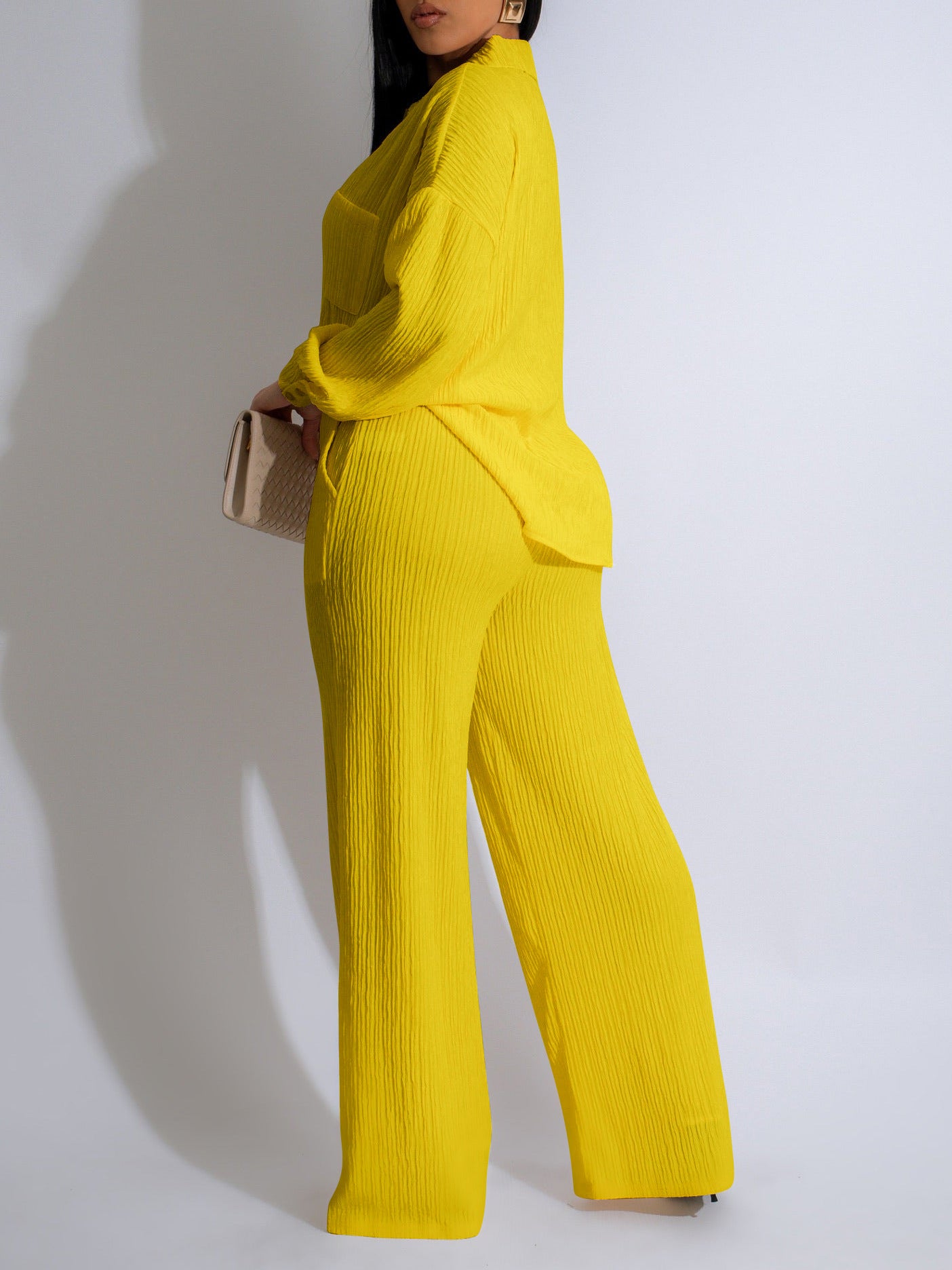 Women Clothing Two Piece Long Sleeve Pleated Casual Shirt Outfit Elastic Waist Straight Pant Sets