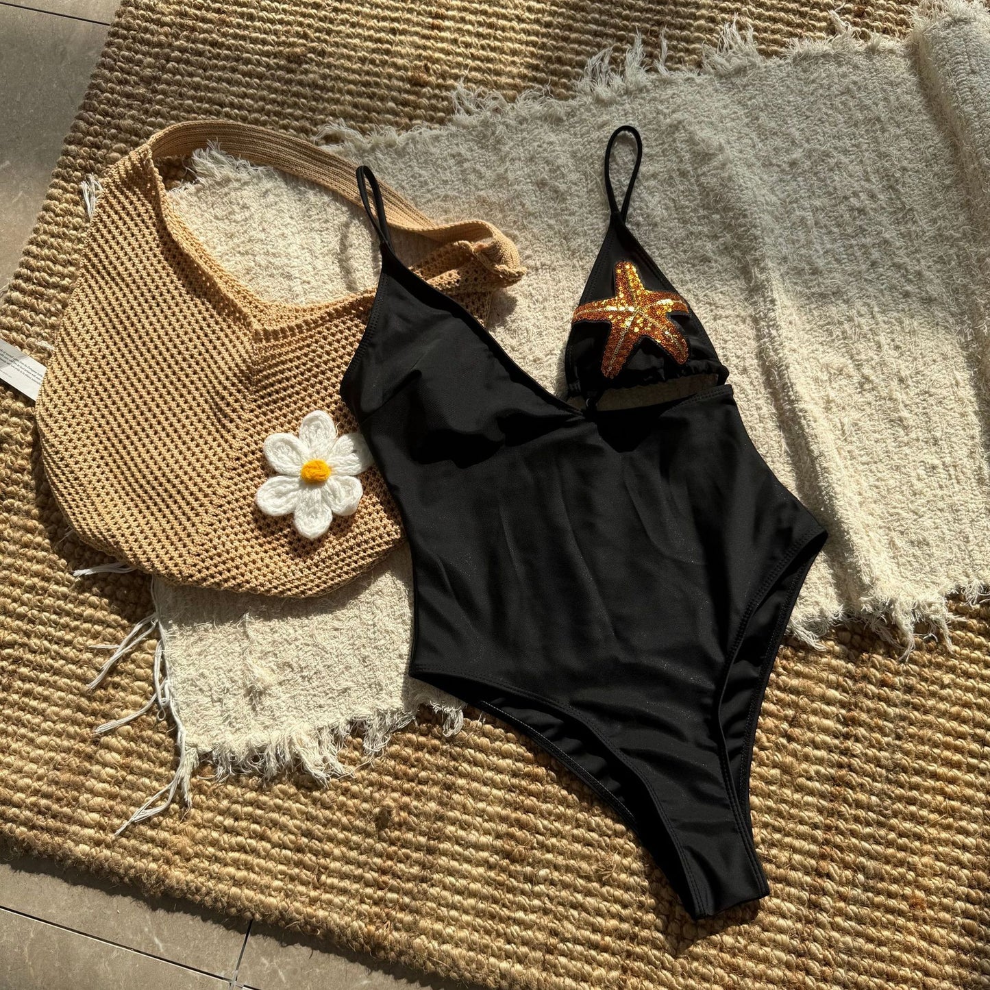 Sexy One Piece Swimsuit Women Solid Color Five Pointed Star Swimsuit