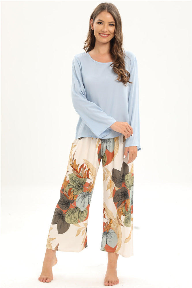 Rayon Home Wear Suit Casual Pajamas Women Long Sleeved Trousers