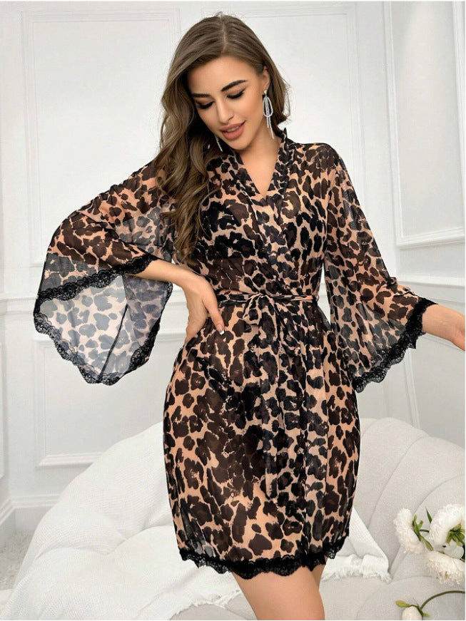 Sexy Wild Retro Bell Sleeve Thin Transparent Bathrobe Sexy Lingerie
