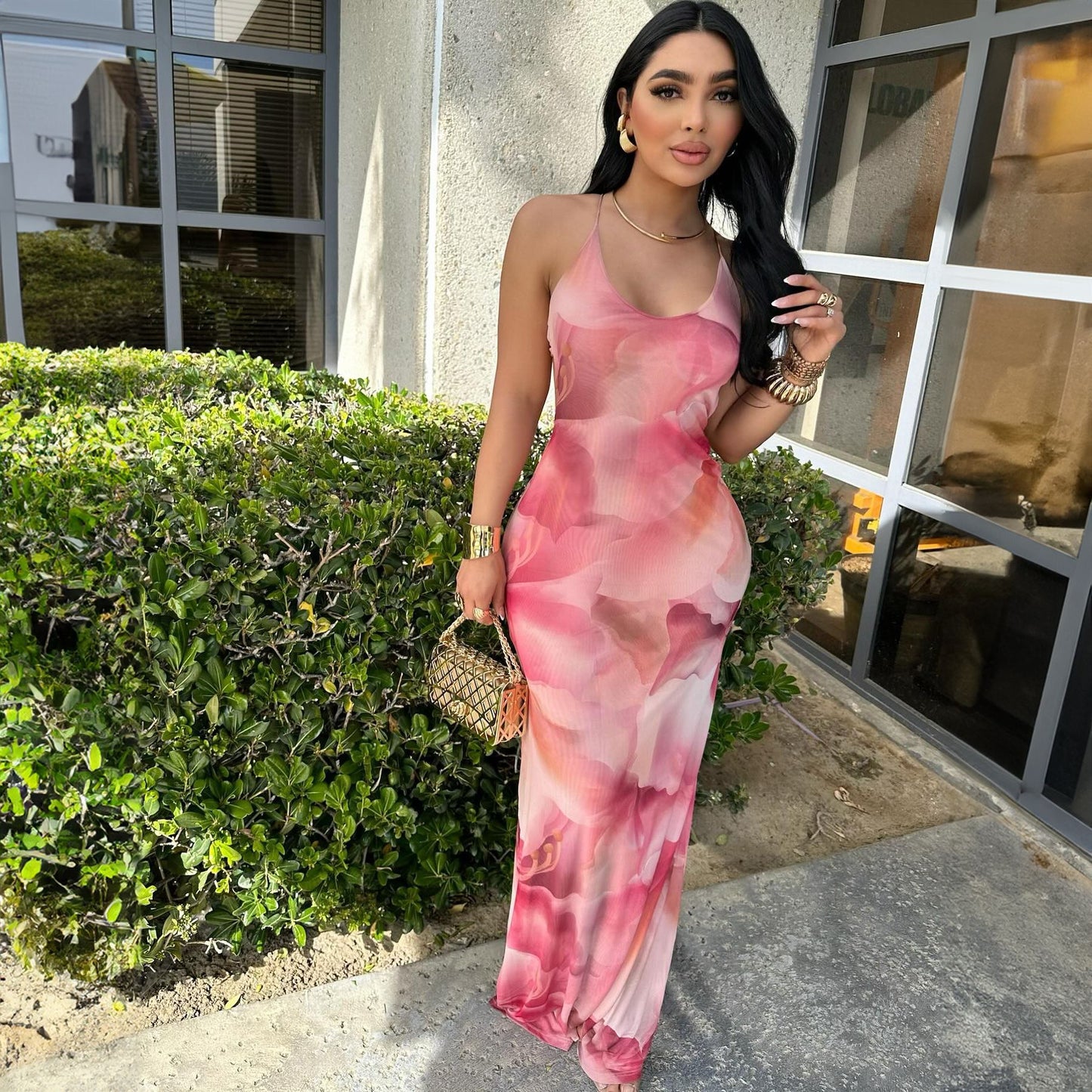Summer Women Elegant Sexy Print Backless Slim Fit Waist Sheath Dress