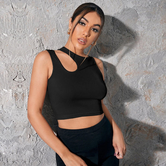 Women Clothing Sleeveless Sports Vest Slim Fit Ultra Short Sexy Cutout round Neck Solid Color Top without Chest Pad
