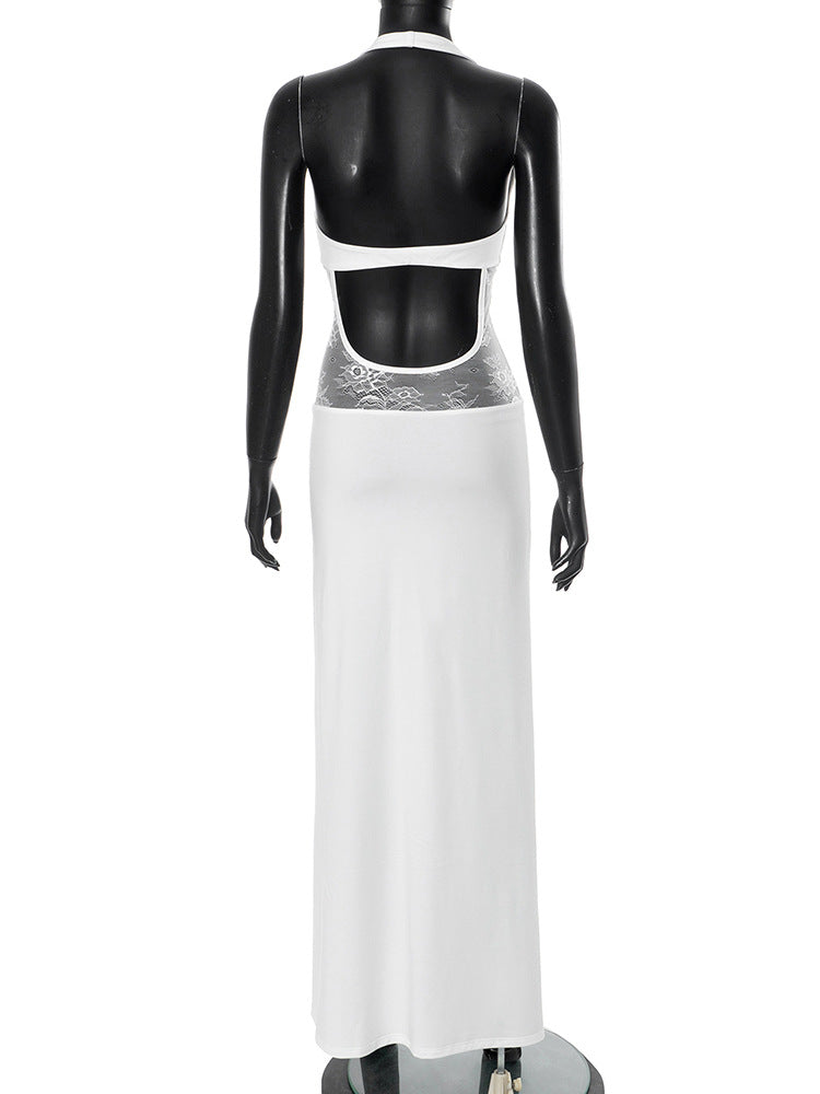 Women Clothing Sleeveless Backless U Collar Lace Slim Fit Patchwork Halter Maxi Dress