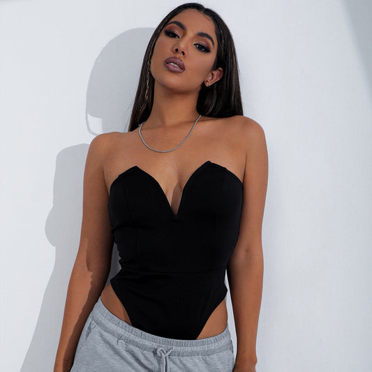 Women Clothing Sexy V Chest Bodysuit Women Tight Bottoming Shirt Slim Fit Figure Flattering Bodysuit